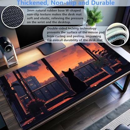 Anime Cat Sunset Desk Mat, Cozy Window View Large Mouse Pad 31.5x15.7 in | Cozy anime cat sunset desk pad with 3mm plush cushion, smooth fabric top, and non-slip rubber core. - color: Lofi Cat