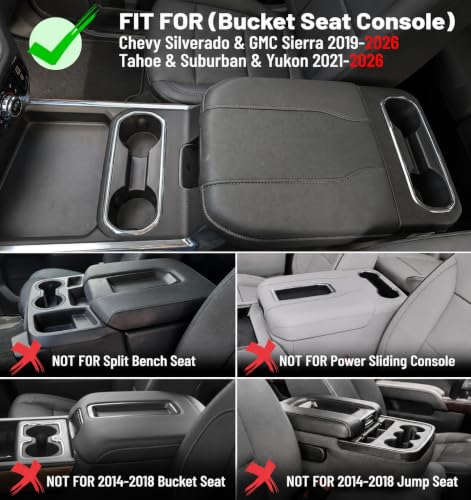 Center Console Armrest Cover for Chevy Chevrolet Silverado/GMC Sierra 2019-2026, Tahoe & Suburban & Yukon 2021-2026, PU Leather Middle Console Cover Protector Pad, Truck Interior Accessories - style: Bucket Seat 2019+