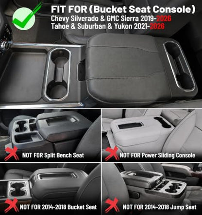 Center Console Armrest Cover for Chevy Chevrolet Silverado/GMC Sierra 2019-2026, Tahoe & Suburban & Yukon 2021-2026, PU Leather Middle Console Cover Protector Pad, Truck Interior Accessories - style: Bucket Seat 2019+