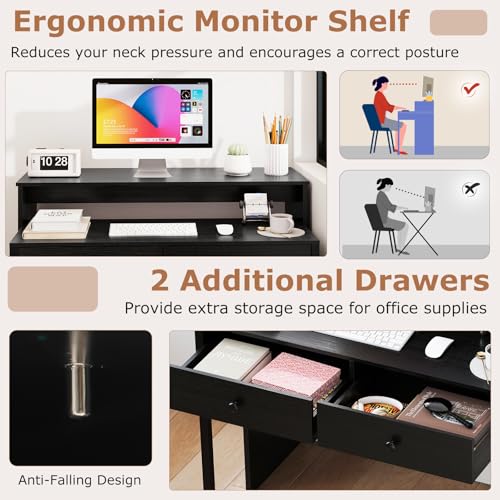 Tangkula Extendable Computer Desk with 2 Storage Drawers, Convertible Home Office Desk with Monitor Shelf, Metal Frame & Lockable Wheels, Rolling Study Writing Desk (Black) - color: Black