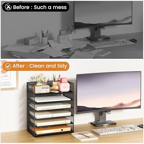 Subekyu 6 Tier Paper File Tray Organizer for Desk, Black Mesh Desk Letter Paper File Folder Accessories Sorter Organizer with Handle, Stackable Slide Tray for Office, Home or School Supplies Storage - color: Black