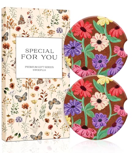 Swooflia Car Coasters for Women - Bright Floral Car Cup Coasters Absorbent Cup Holder Coasters for Car 2 Pcs Ceramic Car Coasters with Cork Base Car Interior Accessories - color: Vintage Brown Flower