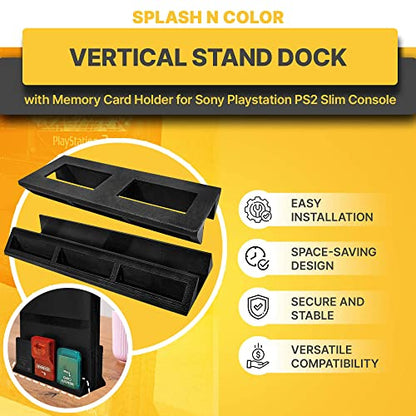 Vertical Stand Dock with Memory Card Holder Compatible with Sony PlayStation PS2 Slim Console - Space Saving, Convenient Accessory for Gaming Setup and Organization of Game Saves