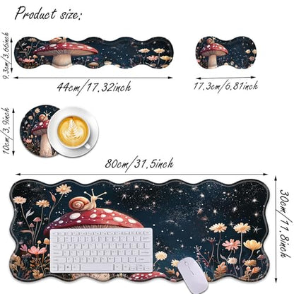 Bxgolkgd Desk Mat Set,Mouse Pad with Keyboard Wrist Rest & Mouse Wrist Rest,Wave-Shaped Design,Non-Slip Rubber Base,Ergonomic Desk Mat for Home,Office,Gaming,Mushrooms and Snails - color: Mushrooms and Snails