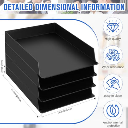Wenqik 4 Pcs Stackable Paper Trays Rectangular Plastic Desk Holder Desktop Document File Organizer Storage Letter for Office Classroom (Black) - color: Black