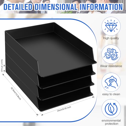 Wenqik 4 Pcs Stackable Paper Trays Rectangular Plastic Desk Holder Desktop Document File Organizer Storage Letter for Office Classroom (Black) - color: Black