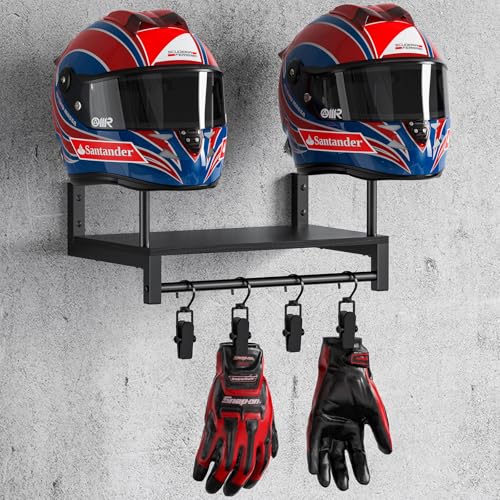 Automotive Helmet Holder Wall Mount, Solid Wood and Metal Helmet Rack with 4 Glove Clips, Motorcycle Accessories Gear Storage Organizer for Entryway or Garage - color: Vintage Black