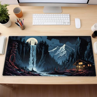 Full Moon Anime Desk Mat, Waterfall Mountain Extended Gaming Mouse Pad XL | Scenic large desk mat featuring a magical full moon, glowing waterfall, and snowy peaks. Perfect for cozy setups. - color: Full Moon