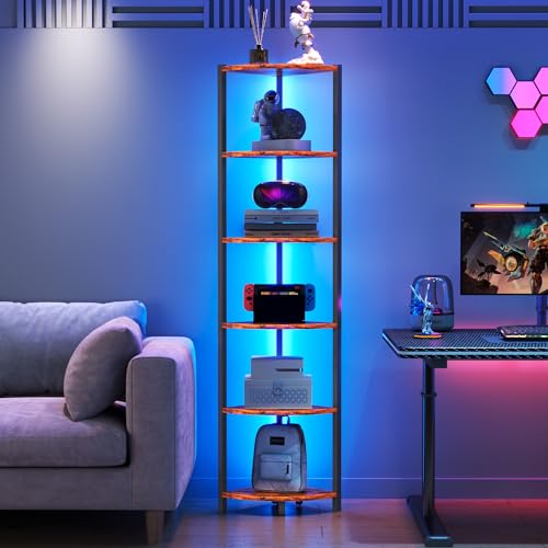 Corner Shelf with LED Lights, 6-Tier Corner Bookshelf, 66'' Organizer Book Shelf Shelves Steel Frame Display Stand with Living Room, Bedroom, Study, Rustic Brown - color: Rustic Brown