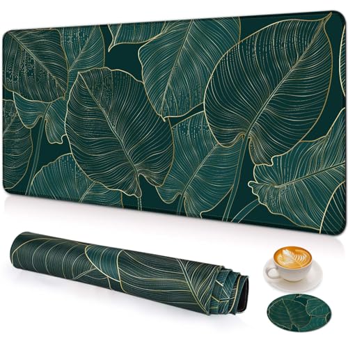 Large Gaming Mouse Pad with Coaster,Desk Matt for Desktop,Desk Mat-Green | Desk Pad,XXL Cute Desk Mat Cover for Computer Keyboard Laptop Women Office Home Decor, 31.5'' x15.6'' - color: C3-Green Leaves