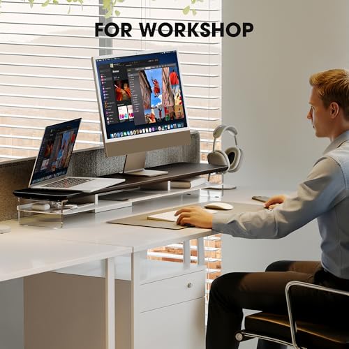 Fenge Acrylic Monitor Stand Riser, 42.5 Inches Dual Monitor Stand with Metal Storage, 2 Tier Acrylic Computer Riser for Desk, Clear Laptop Stand for PC, Laptop, Printer, TV, Black - color: Black, size: 42.5in