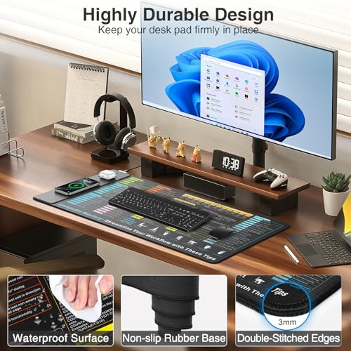 Wireless Charging Mouse Pad with Excel Formulas Shortcuts, 31.5"x15.8" Extra Large Office Spreadsheet Cheat Sheet Desk Mat, Waterproof Ultra-Smooth Surface, Non-Slip Base, with 20W PD Adapter - color: Black-Excel Shortcuts-31.5"x15.8"(with Wall Charger)