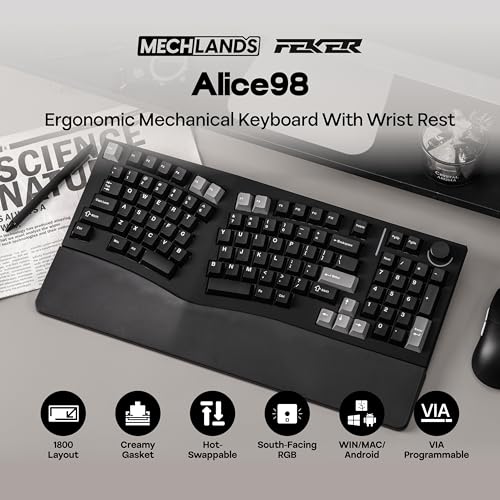 MechLands Feker Alice98 Ergonomic 98 Keys Custom Mechanical Keyboard, VIA Programmable, USB-C Wired Gaming Keyboard, Hot Swappable, 5 Layer Paddings, Control Knob, NKRO, RGB for Win/Mac (Black) - color: Black