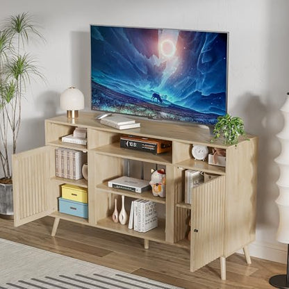 Oubayajia Mid Century Modern TV Stand, Fluted TV Stand for 65 Inch TV, Entertainment Center with Adjustable Shelf, Media Console, Wood Feet, Cord Holes, for Living Room (Wood, 58.26'')