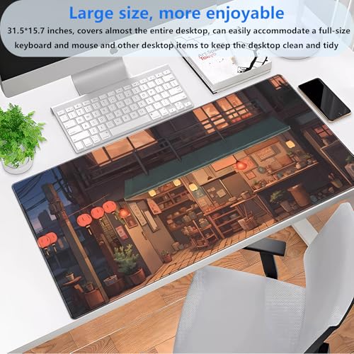 Extended Gaming Mouse Pad XL, Japanese Anime Desk Mat 31.5x15.7, Non-Slip | Beautiful large desk pad featuring a cozy retro Japanese street design. Elevates your aesthetic home office setup. - color: Warm and Cozy Store