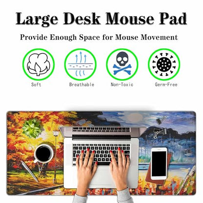 Autumn Lakeside Walk Gaming Mouse Pad Romantic Rain Scene Fall Foliage Large Mousepad Desk Keyboard Mat for PC,Home,Office 35.4"X15.7" - color: Autumn Lakeside walk