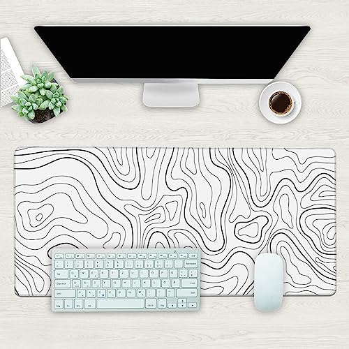 Desk Mat, White Topographic Contour Map Extended Gaming Mouse Pad Large, 35.4"x15.7" Big Mouse Pad with Non-Slip Base and Stitched Edge, Long Computer Keyboard Mouse Mat for Home Office Work - color: White Topographic Contour Map, size: 15.7" x 35.4"