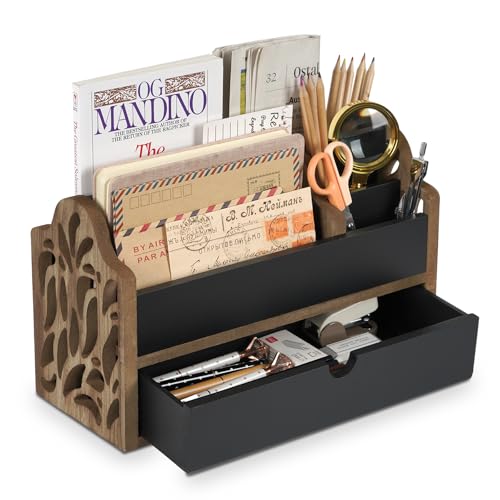 Desk Organizer with Drawer Wood File Office Mail Organizer Countertop-5 Slot Tabletop Storage Pen Organizer Letter Holder for School Home Office Supplies - color: Black