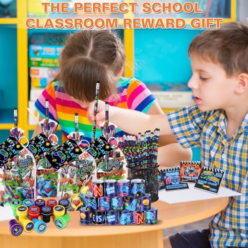 Sayglossy 251 Pcs Video Game Party Favors Set Includes Gift Bags Pencils Notebook Sharpener Slap Bracelets Rings Keychains 3D Puffy Stickers Stamper Gamer Party Favors Birthday (Neon) - style: Neon
