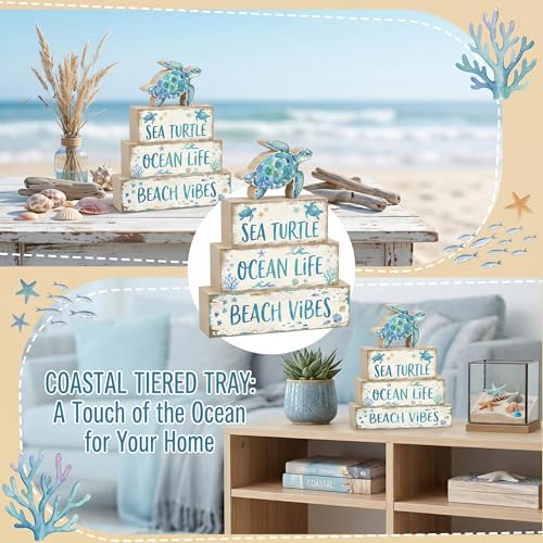 4 Pcs Summer Sea Turtle Bathroom Decor Summer Ocean Table Decorations Beach Tiered Tray Decor Coastal Wooden Signs Shelf Sitter Save The Sea Home Kitchen Office Decorations - style: Turtle