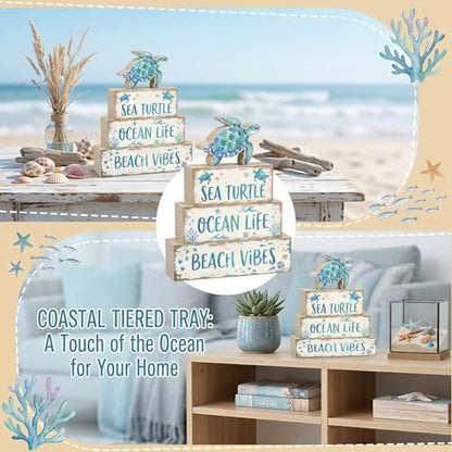 4 Pcs Summer Sea Turtle Bathroom Decor Summer Ocean Table Decorations Beach Tiered Tray Decor Coastal Wooden Signs Shelf Sitter Save The Sea Home Kitchen Office Decorations - style: Turtle
