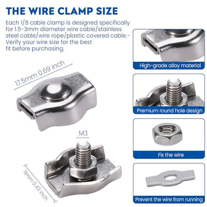 20PCS 1/8 Inches M3 304 Stainless Steel Wire Rope Cable Clip Clamp, Reusable Simplex Single Bolt Wire Rope Clips for 1/8Inch (1.5mm-3mm) Diameter Wire Cable/Wire Rope, Wire Clamp Tool for Outdoors - size: 20PCS-M3(1.5-3mm)