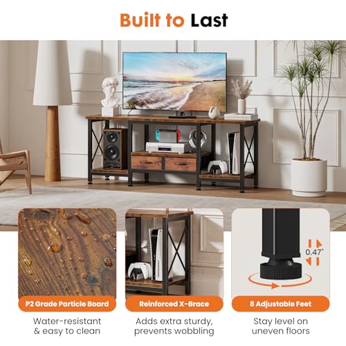 DUMOS 55" TV Stand with Power Outlets, Fabric Drawers & Open Shelves, Brown | Entertainment Center for TVs Up to 65", Media Console TV Table for Living Room & Bedroom - size: 55 Inch