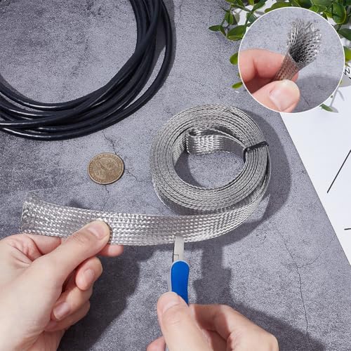 UNICRAFTALE 13.12ft(4m) 0.7" W Braided Sleeving Braid Stainless Steel Cable Wire Shielding Sleeve Ground Straps Protection Flat Metal Mesh Flexible Expandable Scalable Ribbon Wire for Protect Cable - size: 4m x 18mm