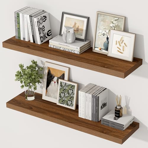 36 Inch Floating Shelves, 12 Inch Deep Floating Shelves for Wall, Extra Deeper & Thicker Wooden Wall Shelf with Invisible Brackets, Shelf for Bedroom Home Decor（Walnut, Set of 2） - color: Walnut, size: 36"W x 12"D x 2"H, Set of 2