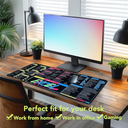 Excel Shortcuts Mousepad, Large Excel Mouse Pad for Desk Water-Resistant Office Mousepad with Stitched Edge and Anti-Slip Base (Blue/Pink/Yellow) - color: Blue/Pink/Yellow