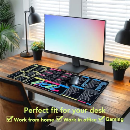Excel Shortcuts Mousepad, Large Excel Mouse Pad for Desk Water-Resistant Office Mousepad with Stitched Edge and Anti-Slip Base (Blue/Pink/Yellow) - color: Blue/Pink/Yellow