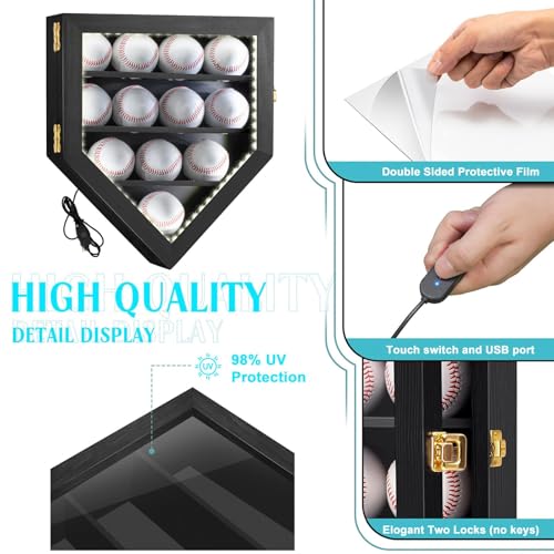GYaozii LED Baseball Display Case 12 Balls UV Protection Wood Frame | LED Baseball Holder Shadow Box for HD Acrylic Front Wooden Frame for Collecting Autographed Balls Exquisite Souvenirs - size: 12 Baseballs Display Case with Light