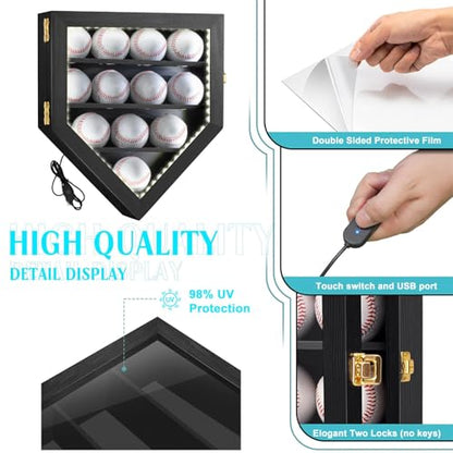 GYaozii LED Baseball Display Case 12 Balls UV Protection Wood Frame | LED Baseball Holder Shadow Box for HD Acrylic Front Wooden Frame for Collecting Autographed Balls Exquisite Souvenirs - size: 12 Baseballs Display Case with Light