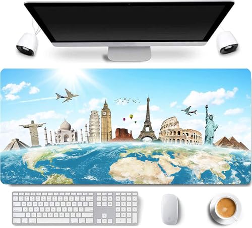 31.5x11.8 Inch Non-Slip Long Extended Large Gaming Mouse Pad with Stitched Edges XL Laptops Keyboard Mouse Mat(Travel World) - color: Travel World