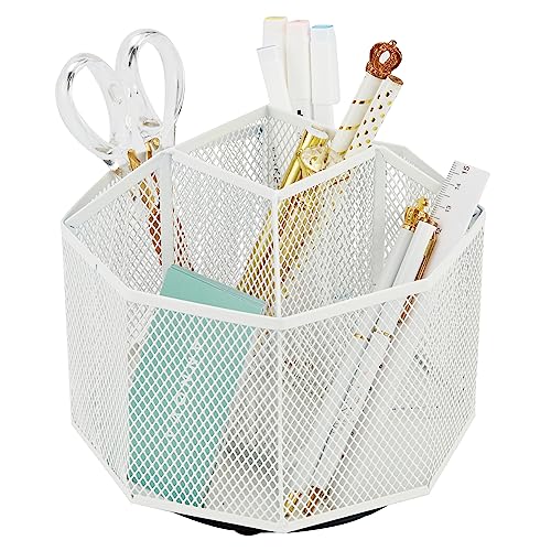 Annova Mesh Desk Organizer Rotate with 5 Compartments Spinning Tidy Candy/Pen Holder Office, Art Supply, Storage, Classroom, Home (White) - color: White