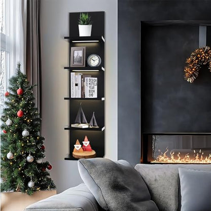 5 Tier Wall Shelf Unit, Black Shelves,Lack Shelf, Wall Shelves for Bedroom，Office,Bathroom, Vanity Shelves with LED Remote Control Light - color: Black