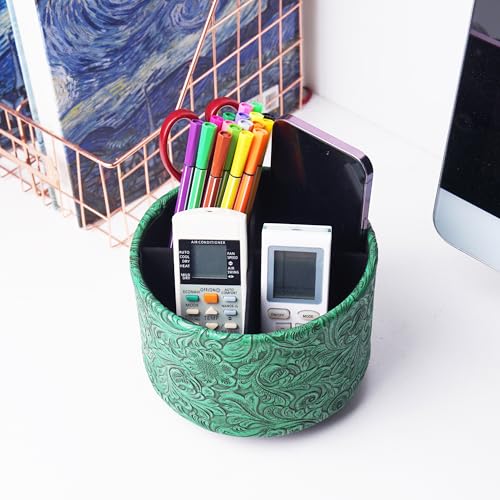 lizimandu Round Leather Art Supply Organizer,Remote Control Holder,360 Degree Spinning,Multi-Functional Pencil Holder,4 Compartments Desktop Stationary Organizer(1-Carved Green) - color: 1-Carved Green