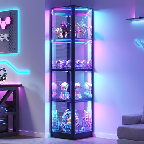 Dystler Corner Display Cabinet with Glass Doors & RGB Lights | 68" Tall, Human Sensor Lights, 4-Tier, Display Case for Collectibles, Modern Storage Cabinet - color: Black