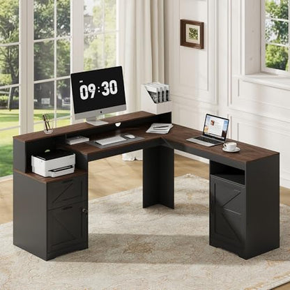 MALOL 63" Farmhouse L Shaped Executive Desk, Corner Computer Desk with Drawers & Storage Shelf, Home Office Desk with Power Outlet, Monitor Stand, Wood Grain Desktop, Black & Rustic Brown