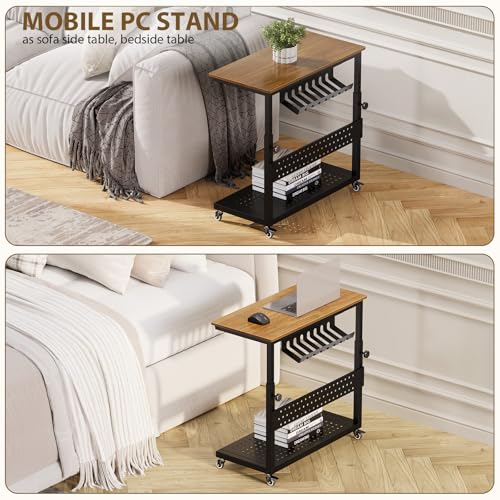 Garvee PC Computer Tower Stand with Wheels, 2-Tier Adjustable CPU Holder Cart, Rolling Mobile Desk Stand with Cable Management & Hooks, Small Side Table for Home Office/Gaming,Walnut - color: Walnut