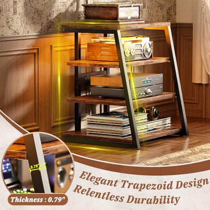 Armocity 4-Tier AV Media Stand with Power Strips, Stereo Stand with LED Lights, Audio Tower Rack with Adjustable Shelves, Small Entertainment Center, 30'', Rustic Brown - color: Rustic Brown, size: 30" (H)