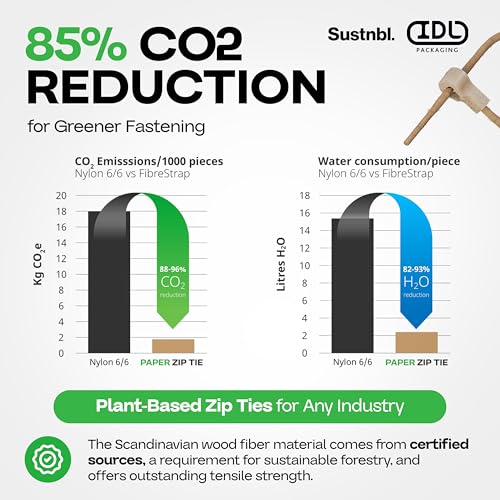 Fiber-Based Eco Zip Ties 8" (80 Pack) - 44 lbs Strong Eco-Friendly Tie Wraps - UV & Temperature Resistant FibreStrap for Agriculture, Manufacturing & Cable Management - Universal Use by IDL Packaging - size: 8", 80-Pack