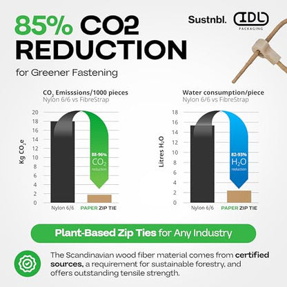Fiber-Based Eco Zip Ties 8" (160 Pack) - 44 lbs Strong Eco-Friendly Tie Wraps - UV & Temperature Resistant FibreStrap for Agriculture, Manufacturing & Cable Management - Universal Use by IDL Packaging - size: 8", 160-Pack