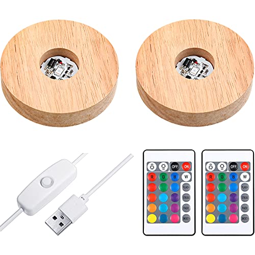 Mudder 2 Pcs Light LED Base Wood LED Display Base for Glass Art Decor Crystal Acrylic Resin, 16 Colored USB Light with Remote Wooden Round Lamp Stand for 3D Crystal Ball Room Home Decor(Wood Color) - color: Wood