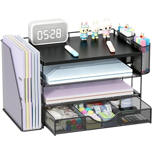 gianotter Wood Desk Organizers and Accessories with File Holder, 4-Tier Desk Accessories & Workspace Organizers with Drawer and 2 Pen Holder, Desk Reference Organizer (Black, 4T with Metal Drawer) - color: Black, size: 4T with Metal Drawer