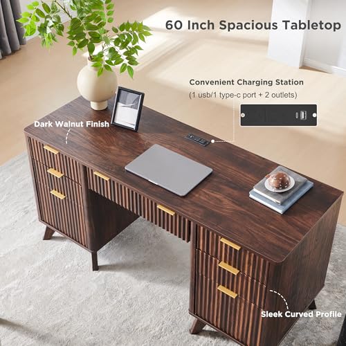 T4TREAM 60'' Fluted Executive Desk with Drawers, Modern Home Office Computer Desk with Charging Station, Keyboard Tray, File Drawer and Storage Cabinet for Study, Living Room, Bedroom, Dark Walnut - color: Dark Walnut