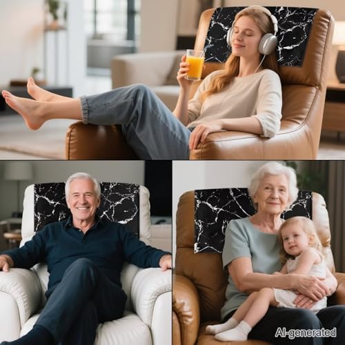 2 Packs Black Marble Headrest Cover for Recliner Washable PU Sofa Head Rest Cover Easy to Install Couch Headrest Slipcover with Hook and Loop No Damage - color: Black Marble