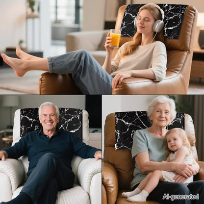 2 Packs Black Marble Headrest Cover for Recliner Washable PU Sofa Head Rest Cover Easy to Install Couch Headrest Slipcover with Hook and Loop No Damage - color: Black Marble
