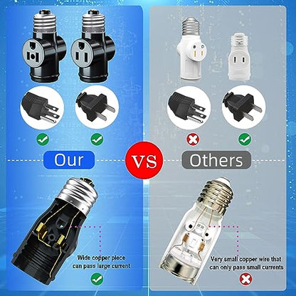 2 Pack, Light Socket to Plug Adapter, Convert E26 Light Socket to 3-Prong Outlet Adapter and Light Bulb Socket (Black) - style: Black