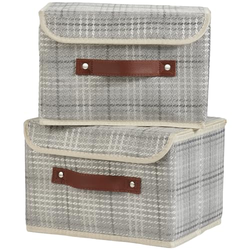 2PCS Storage Boxes with Lid 3D Textured Fabric Storage Bins Closet Organizer Containers Decorative Collapsible Washable Shelf Baskets with Faux Leather Handles (Silver Gray, Small Size) - color: Silver Gray (3D Textured), size: Small (Set of 2)